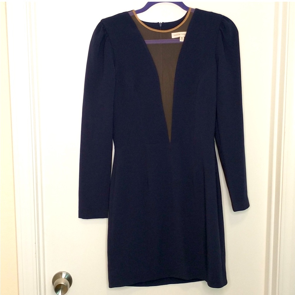 Dress the population blue long sleeve illusion plunging neckline dress